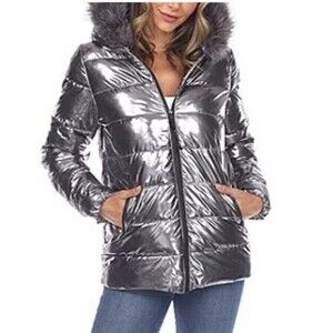 White Mark Womens Small Metallic Hooded Midweight Puffer Jacket Winter Short
